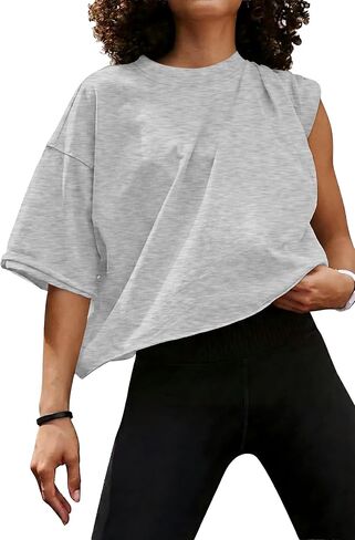 JINKESI Women's Loose Workout Crop Tops Casual Short Sleeve Drop Shoulder T-Shirts Basic Loose Yoga Running Tees in Saudi Arabia