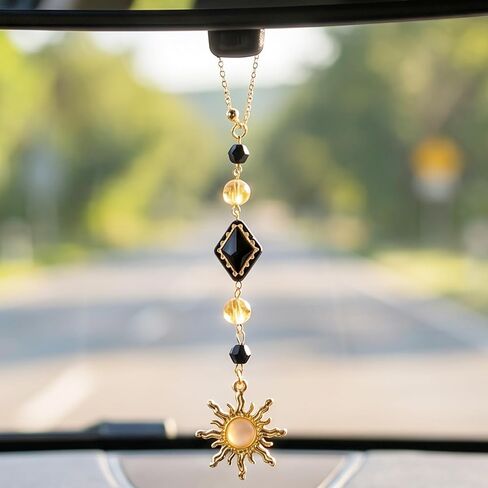 Car Mirror Hanging Accessories, Vintage Gold Sun Rear View Mirror Charm for Women Man, Cute Boho Crystals Stones Car Pendant Decorations in Saudi Arabia