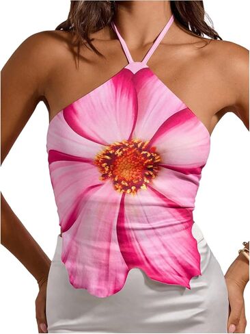 OYOANGLE Women's Floral Halter Top Sleeveless Tie Backless Fitted Asymmetrical Camisole Beach Vacation Hawaiian Tops in Kuwait