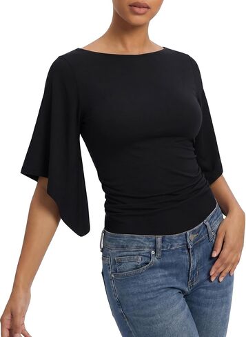 MANGOPOP Boat Neck Tops for Women 3/4 Sleeve Bell Sleeve Fitted Ruched Shirts Summer Y2k Trendy Going Out Tops 2026 in Kuwait