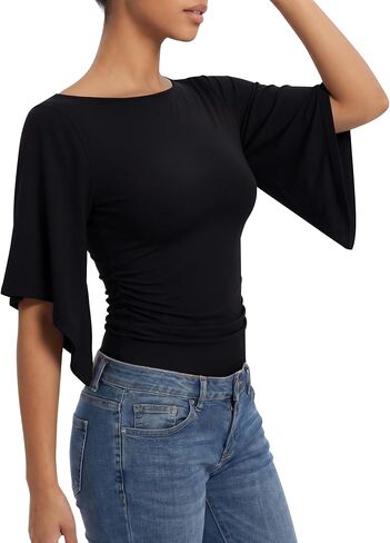MANGOPOP Boat Neck Tops for Women 3/4 Sleeve Bell Sleeve Fitted Ruched Shirts Summer Y2k Trendy Going Out Tops 2026 in Kuwait