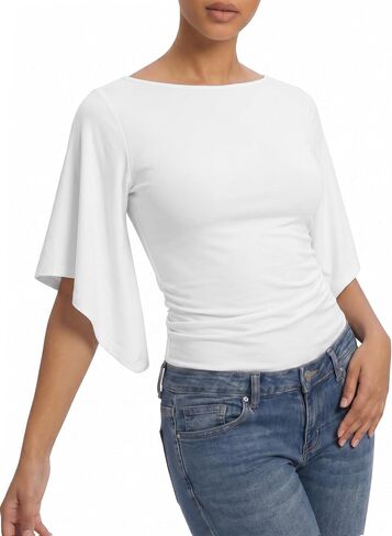 MANGOPOP Boat Neck Tops for Women 3/4 Sleeve Bell Sleeve Fitted Ruched Shirts Summer Y2k Trendy Going Out Tops 2026 in Kuwait
