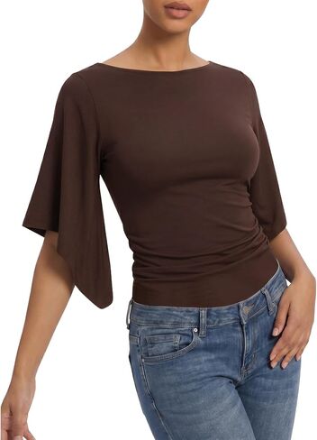 MANGOPOP Boat Neck Tops for Women 3/4 Sleeve Bell Sleeve Fitted Ruched Shirts Summer Y2k Trendy Going Out Tops 2026 in Kuwait