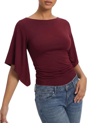 MANGOPOP Boat Neck Tops for Women 3/4 Sleeve Bell Sleeve Fitted Ruched Shirts Summer Y2k Trendy Going Out Tops 2026 in Kuwait