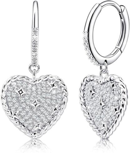 Sterling Silver Heart Dangle Hoop Earrings Cubic Zirconia Hypoallergenic Dainty Love Heart Drop Earrings for Sensitive Ears Women Jewelry in Saudi Arabia