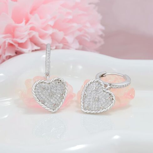 Sterling Silver Heart Dangle Hoop Earrings Cubic Zirconia Hypoallergenic Dainty Love Heart Drop Earrings for Sensitive Ears Women Jewelry in Saudi Arabia