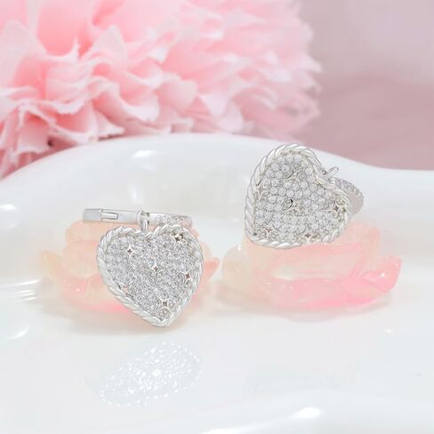 Sterling Silver Heart Dangle Hoop Earrings Cubic Zirconia Hypoallergenic Dainty Love Heart Drop Earrings for Sensitive Ears Women Jewelry in Saudi Arabia