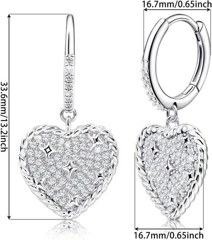 Sterling Silver Heart Dangle Hoop Earrings Cubic Zirconia Hypoallergenic Dainty Love Heart Drop Earrings for Sensitive Ears Women Jewelry in Saudi Arabia