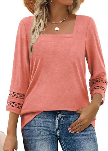 MixShe Tops for Women Square Neck 3/4 Sleeve Lace Trim Casual Lightweight Blouses in Saudi Arabia