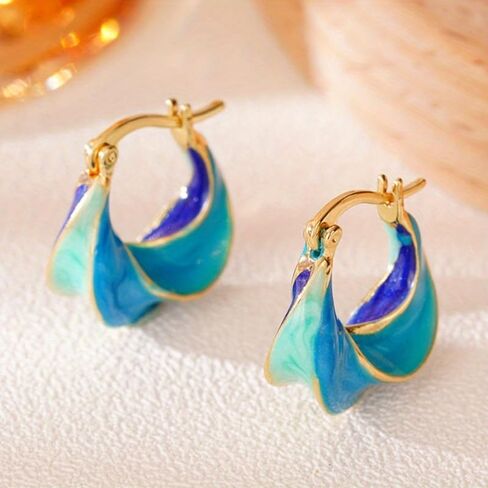 Vibrant Blue Enamel Spiral Irregular Hoop Earrings for Women Casual Beach Vacation Party Creative Jewelry in Kuwait