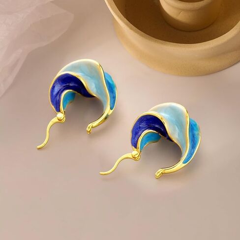 Vibrant Blue Enamel Spiral Irregular Hoop Earrings for Women Casual Beach Vacation Party Creative Jewelry in Kuwait
