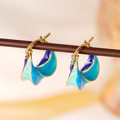 Vibrant Blue Enamel Spiral Irregular Hoop Earrings for Women Casual Beach Vacation Party Creative Jewelry in Kuwait