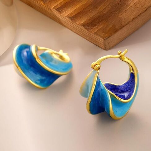 Vibrant Blue Enamel Spiral Irregular Hoop Earrings for Women Casual Beach Vacation Party Creative Jewelry in Kuwait