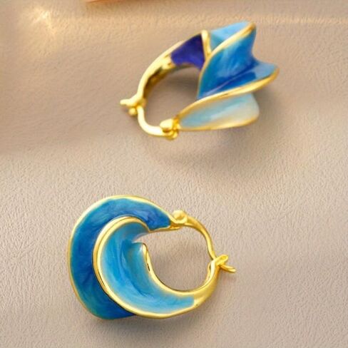 Vibrant Blue Enamel Spiral Irregular Hoop Earrings for Women Casual Beach Vacation Party Creative Jewelry in Kuwait