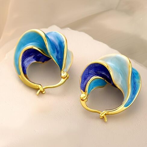 Vibrant Blue Enamel Spiral Irregular Hoop Earrings for Women Casual Beach Vacation Party Creative Jewelry in Kuwait