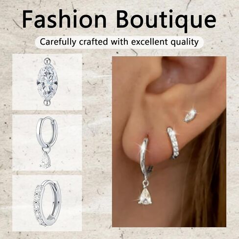 3 Pcs 14K Gold Stud Earrings for Women - Dainty Hypoallergenic Flat Back Cartilage Earring Sets for Multiple Piercing - Small Dangle Huggie Hoop Stud Earrings Stacks in Saudi Arabia