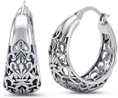 Vintage Filigree Hoop Earrings for Women Trendy Hypoallergenic 925 Sterling Silver Antique Hoop Earrings Women Fashion Flower Dainty Thick Twisted Large Silver Hoop Earrings Birthday Gift for Her27/30/32MM in Saudi Arabia