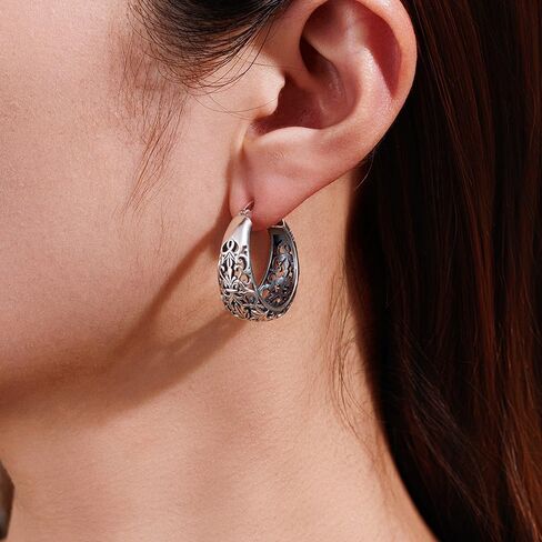 Vintage Filigree Hoop Earrings for Women Trendy Hypoallergenic 925 Sterling Silver Antique Hoop Earrings Women Fashion Flower Dainty Thick Twisted Large Silver Hoop Earrings Birthday Gift for Her27/30/32MM in Saudi Arabia