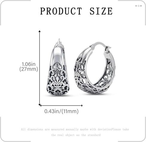 Vintage Filigree Hoop Earrings for Women Trendy Hypoallergenic 925 Sterling Silver Antique Hoop Earrings Women Fashion Flower Dainty Thick Twisted Large Silver Hoop Earrings Birthday Gift for Her27/30/32MM in Saudi Arabia