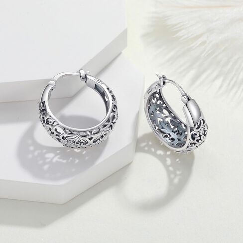 Vintage Filigree Hoop Earrings for Women Trendy Hypoallergenic 925 Sterling Silver Antique Hoop Earrings Women Fashion Flower Dainty Thick Twisted Large Silver Hoop Earrings Birthday Gift for Her27/30/32MM in Saudi Arabia
