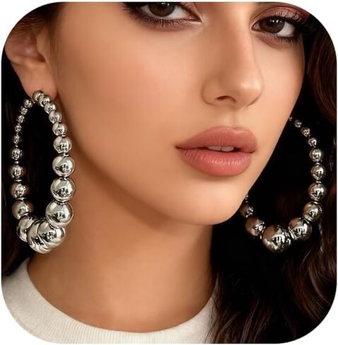 Large Gold Hoop Earrings for Women Gold Silver Ball Beaded Hoop Dangle Earrings Statement Punk Jewelry in Saudi Arabia