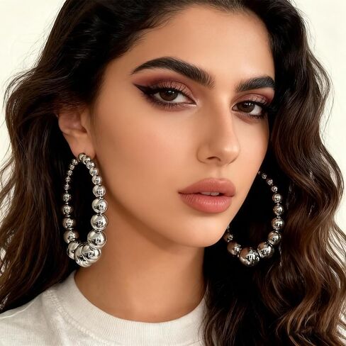 Large Gold Hoop Earrings for Women Gold Silver Ball Beaded Hoop Dangle Earrings Statement Punk Jewelry in Saudi Arabia