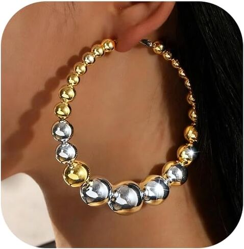 Large Gold Hoop Earrings for Women Gold Silver Ball Beaded Hoop Dangle Earrings Statement Punk Jewelry in Saudi Arabia