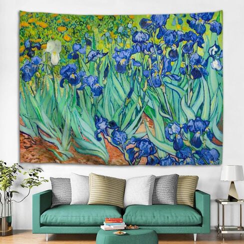 IcosaMro Irises Tapestry Wall Hanging for Bedroom Vincent Van Gogh Iris Landscape Wall Art Blue Flower Floral Tapestries 60"x 51" Hemmed Edges, Green in Saudi Arabia