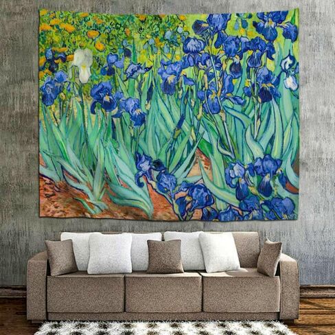 IcosaMro Irises Tapestry Wall Hanging for Bedroom Vincent Van Gogh Iris Landscape Wall Art Blue Flower Floral Tapestries 60"x 51" Hemmed Edges, Green in Saudi Arabia