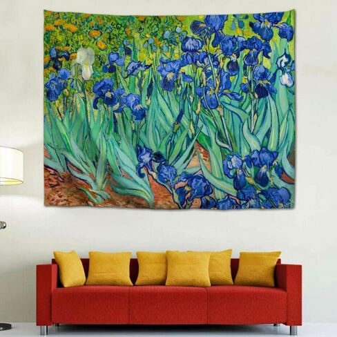 IcosaMro Irises Tapestry Wall Hanging for Bedroom Vincent Van Gogh Iris Landscape Wall Art Blue Flower Floral Tapestries 60"x 51" Hemmed Edges, Green in Saudi Arabia
