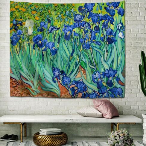 IcosaMro Irises Tapestry Wall Hanging for Bedroom Vincent Van Gogh Iris Landscape Wall Art Blue Flower Floral Tapestries 60"x 51" Hemmed Edges, Green in Saudi Arabia