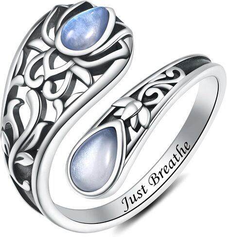 Just Breathe Lotus Spoon Ring with Natural Moonstone 925 Sterling Silver Antique Thumb Rings for Women in Saudi Arabia