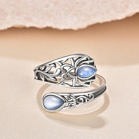 Just Breathe Lotus Spoon Ring with Natural Moonstone 925 Sterling Silver Antique Thumb Rings for Women in Saudi Arabia