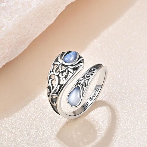 Just Breathe Lotus Spoon Ring with Natural Moonstone 925 Sterling Silver Antique Thumb Rings for Women in Saudi Arabia