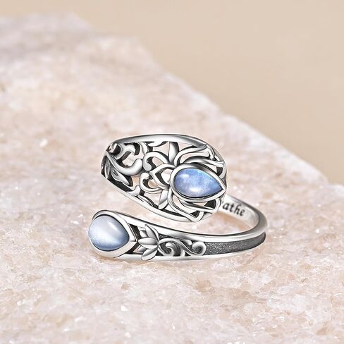 Just Breathe Lotus Spoon Ring with Natural Moonstone 925 Sterling Silver Antique Thumb Rings for Women in Saudi Arabia