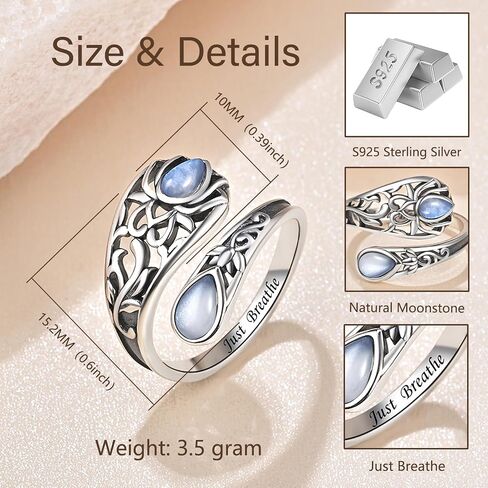 Just Breathe Lotus Spoon Ring with Natural Moonstone 925 Sterling Silver Antique Thumb Rings for Women in Saudi Arabia