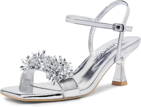 Vepose Women's Kitten Heels, Sparkly Rhinestone Cluster Ankle Strap Sandals, Comfortable Approx 3 Inch Low Heel Open Square Toe Dressy Prom Wedding Party Shoes 6119 in Kuwait