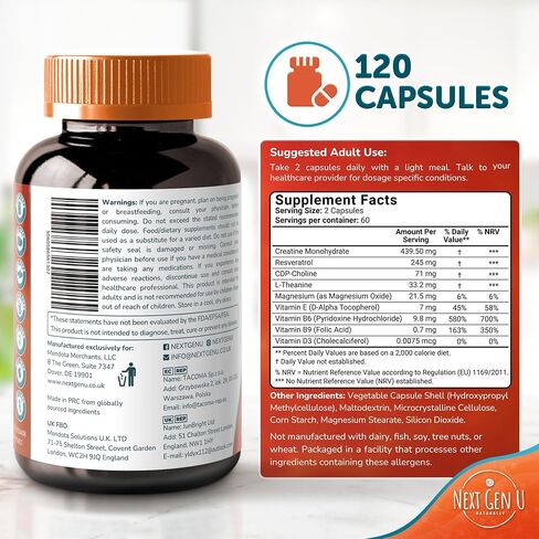 Brain Supplement - 120 Vegan Capsules - Dietary Nootropic May Help Memory, Cognitive Function & Focus - Formulation with Amino Acids, Polyphenols & B Vitamins - for Women, Men & Seniors - by NextGenU in Saudi Arabia