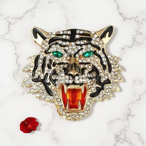 Tiger Head Brooch Rhinestone Crystal Lapel Pin Gold Tone Enamel Striped Roaring Wild Animal Suit Badge For Men Women in Kuwait