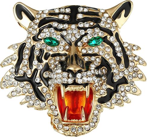 Tiger Head Brooch Rhinestone Crystal Lapel Pin Gold Tone Enamel Striped Roaring Wild Animal Suit Badge For Men Women in Kuwait