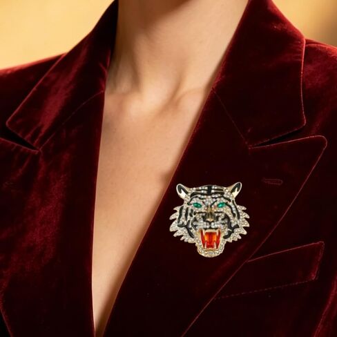 Tiger Head Brooch Rhinestone Crystal Lapel Pin Gold Tone Enamel Striped Roaring Wild Animal Suit Badge For Men Women in Kuwait