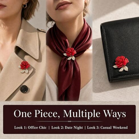 2 PCS Elegant Enamel Floral Rose Brooch, Gold Plated Red Crystal Accents Pins, Versatile Decorative Accessories For Women Dresses, Jackets, Hats, Bags, Stunning Brooches in Kuwait