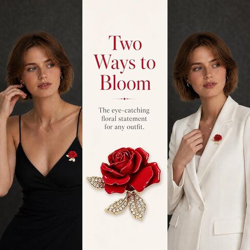 2 PCS Elegant Enamel Floral Rose Brooch, Gold Plated Red Crystal Accents Pins, Versatile Decorative Accessories For Women Dresses, Jackets, Hats, Bags, Stunning Brooches in Kuwait