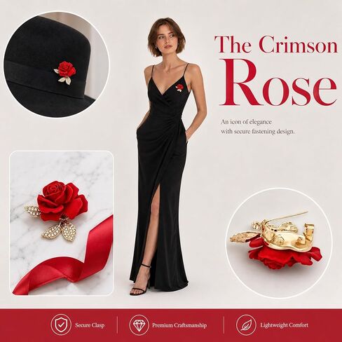 2 PCS Elegant Enamel Floral Rose Brooch, Gold Plated Red Crystal Accents Pins, Versatile Decorative Accessories For Women Dresses, Jackets, Hats, Bags, Stunning Brooches in Kuwait