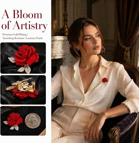 2 PCS Elegant Enamel Floral Rose Brooch, Gold Plated Red Crystal Accents Pins, Versatile Decorative Accessories For Women Dresses, Jackets, Hats, Bags, Stunning Brooches in Kuwait