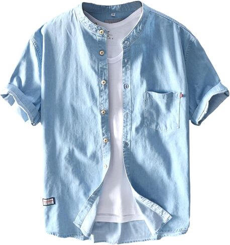 GIBZ 100% Cotton Denim Shirts for Men Casual Button Down Shirt with Short Sleeve Lightweight Top for Summer in Kuwait