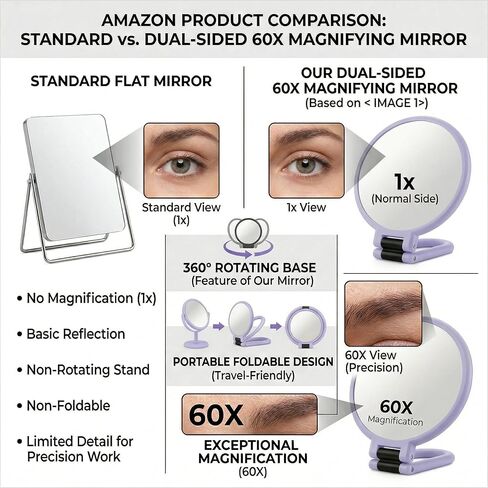 Magnifying Handheld Mirror Double Sided, 1X and 60X Magnification Hand Mirror, Travel Folding Hand Held Makeup Mirror with 360° Rotation Pedestal for Vanity, Dressing Table and Daily Use Purple in Kuwait