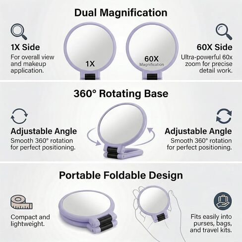 Magnifying Handheld Mirror Double Sided, 1X and 60X Magnification Hand Mirror, Travel Folding Hand Held Makeup Mirror with 360° Rotation Pedestal for Vanity, Dressing Table and Daily Use Purple in Kuwait