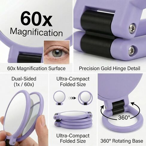 Magnifying Handheld Mirror Double Sided, 1X and 60X Magnification Hand Mirror, Travel Folding Hand Held Makeup Mirror with 360° Rotation Pedestal for Vanity, Dressing Table and Daily Use Purple in Kuwait