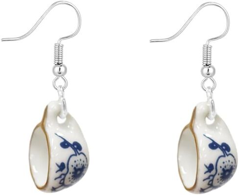 Ceramic Cup Dangle Earrings for Women Blue and White Porcelain Chinese Vintage Hand-painted Flower Pattern Ceramic Unique Design Drop Earring Fashion Jewelry for Mother in Kuwait